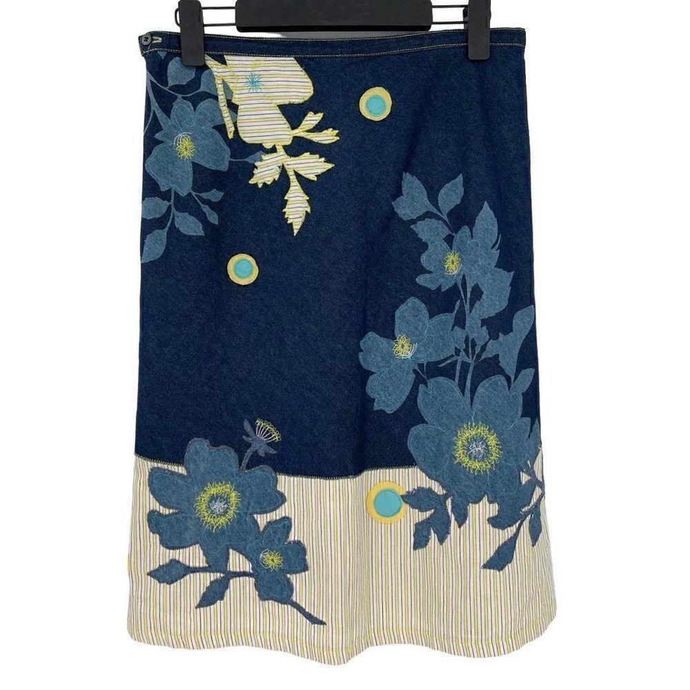 Ted Baker Denim A-Line Applique Midi Skirt Cotton Floral Blue Yellow Women 2 - Picture 3 of 7